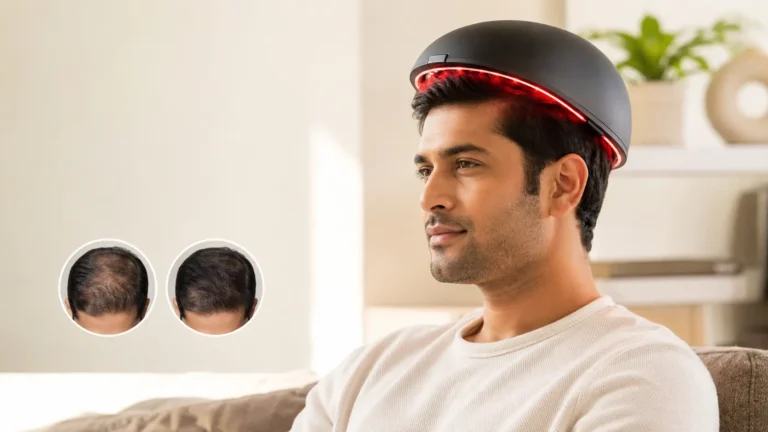 Man using a red light therapy cap for hair growth at home